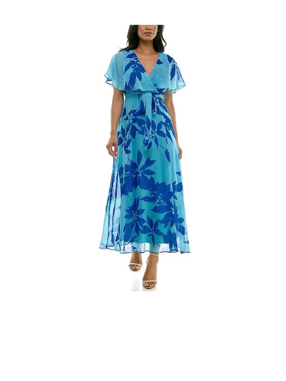 Maison Tara Light Blue and Royal Blue Floral Wrap Maxi Dress